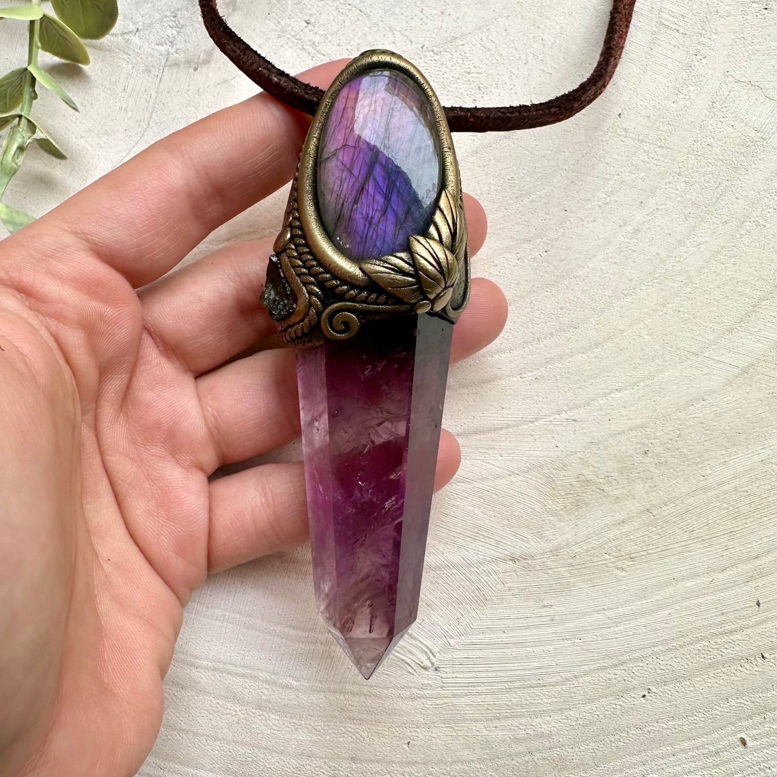 Amethyst point with purple labradorite and moldavite wand pendant necklace
