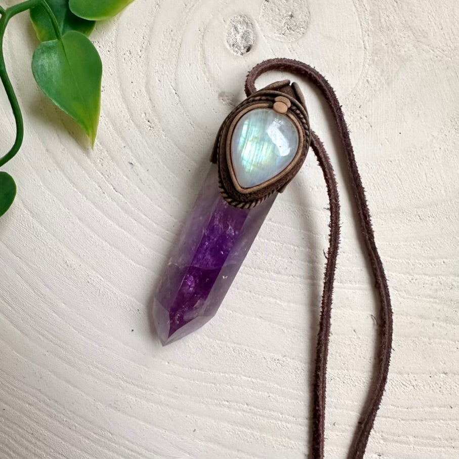 Amethyst Point and Rainbow Moonstone pendant necklace – mini crystal wand