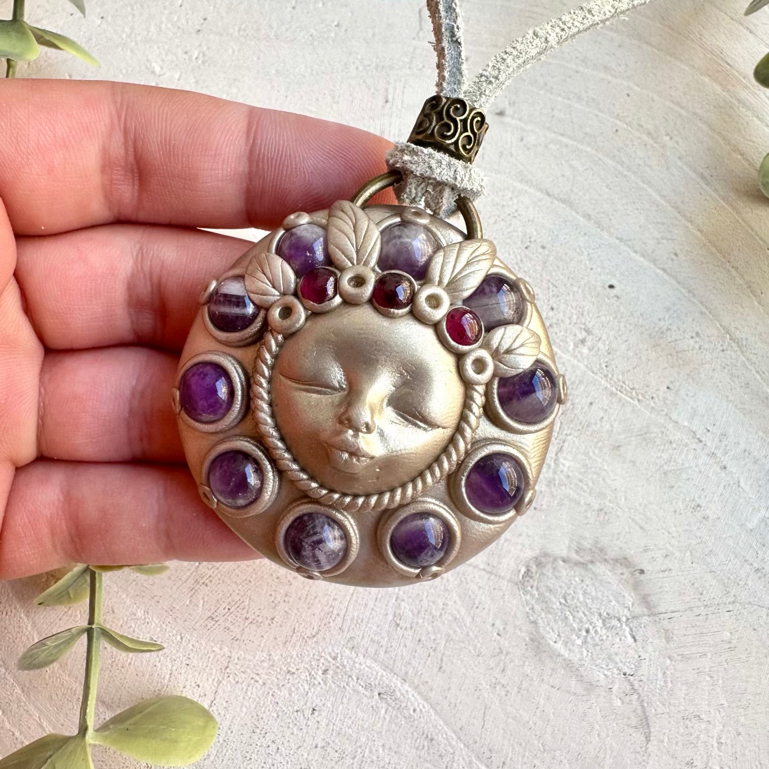 Amethyst and Rhodolite Garnet goddess pendant necklace handmade boho jewelry with natural gemstones