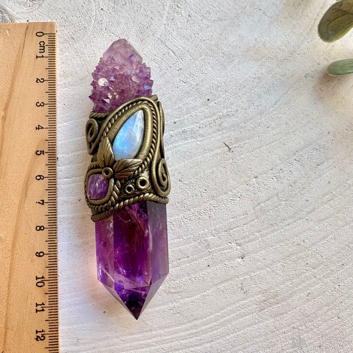 Handmade crystal wand pendant necklace with Amethyst, Spirit Quartz, Rainbow Moonstone and Charoite.
