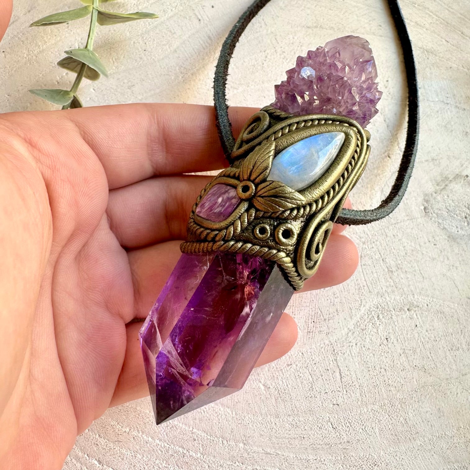 Unique wand pendant featuring Spirit Quartz, Amethyst and iridescent Rainbow Moonstone.