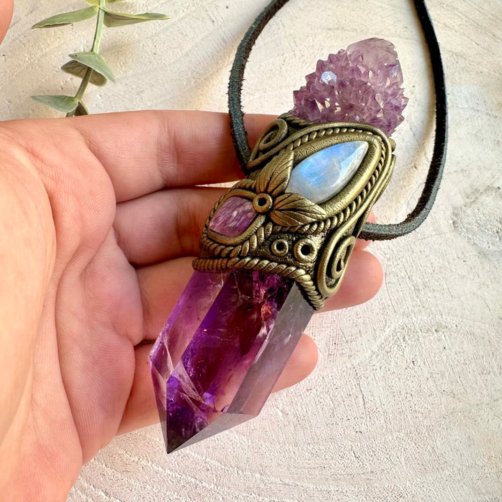 Unique wand pendant featuring Spirit Quartz, Amethyst and iridescent Rainbow Moonstone.
