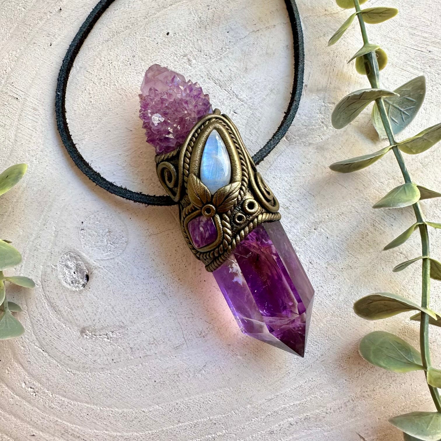 Handmade Amethyst crystal wand and pendant necklace featuring Spirit Quartz, Rainbow Moonstone and Charoite.