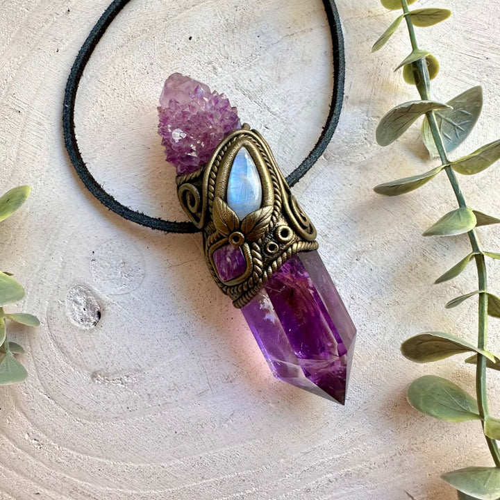 Handmade Amethyst crystal wand and pendant necklace featuring Spirit Quartz, Rainbow Moonstone and Charoite.