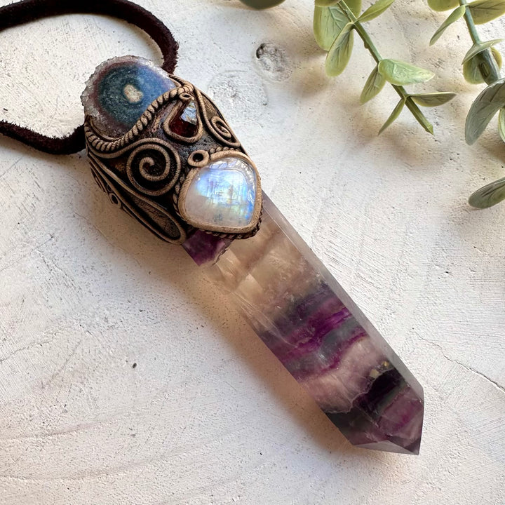 Spiritual jewelry combining fluorite amethyst and moonstone