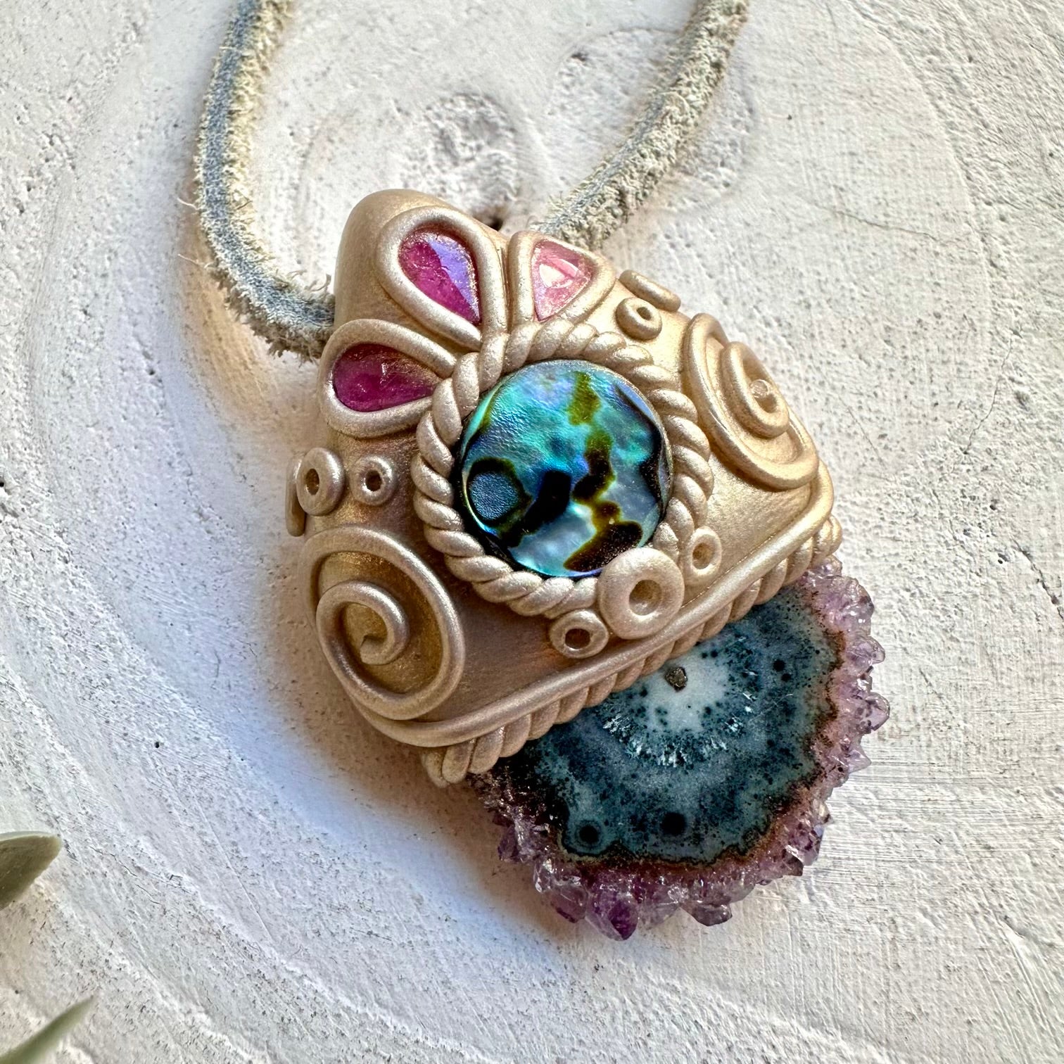 Amethyst Stalactite with Abalone Seashell and Pink Tourmaline pendant necklace