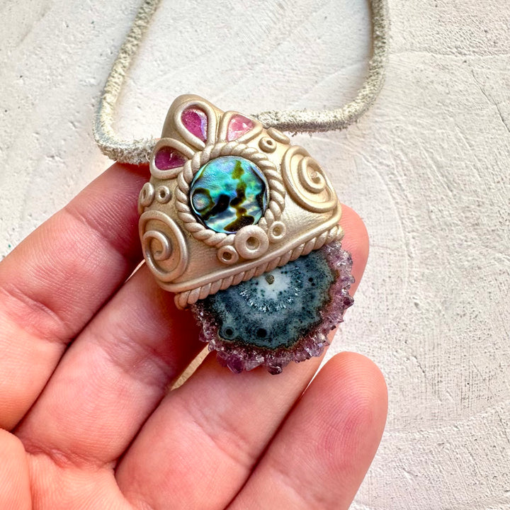 Statement crystal pendant necklace with amethyst stalactite and abalone seashell