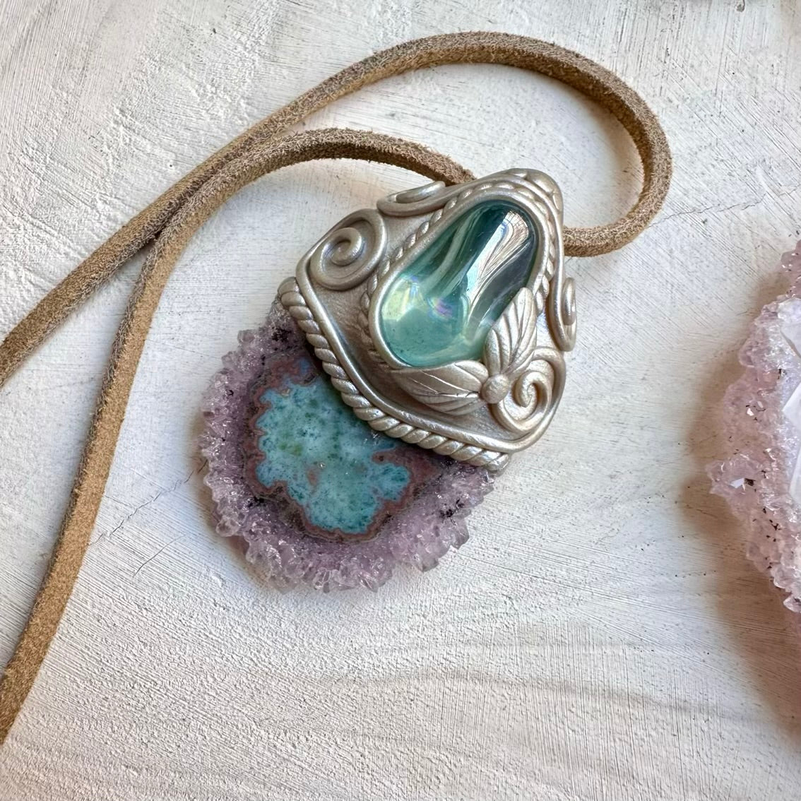 Handmade healing stone necklace with amethyst stalactite