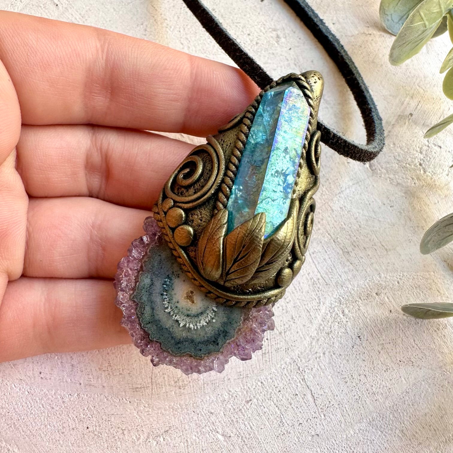 Unique crystal necklace featuring the natural texture of Amethyst Stalactite with blue Aqua Aura Quartz.