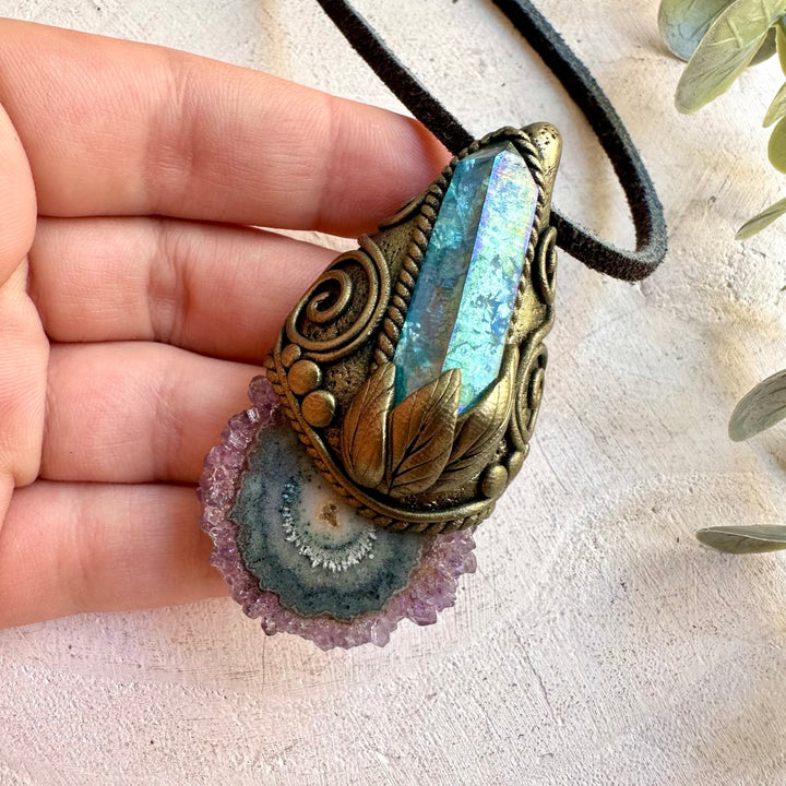 Unique crystal necklace featuring the natural texture of Amethyst Stalactite with blue Aqua Aura Quartz.