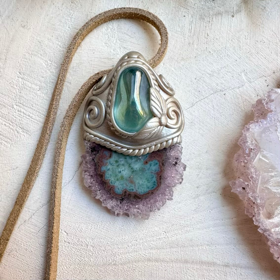 Amethyst stalactite and aqua aura quartz necklace