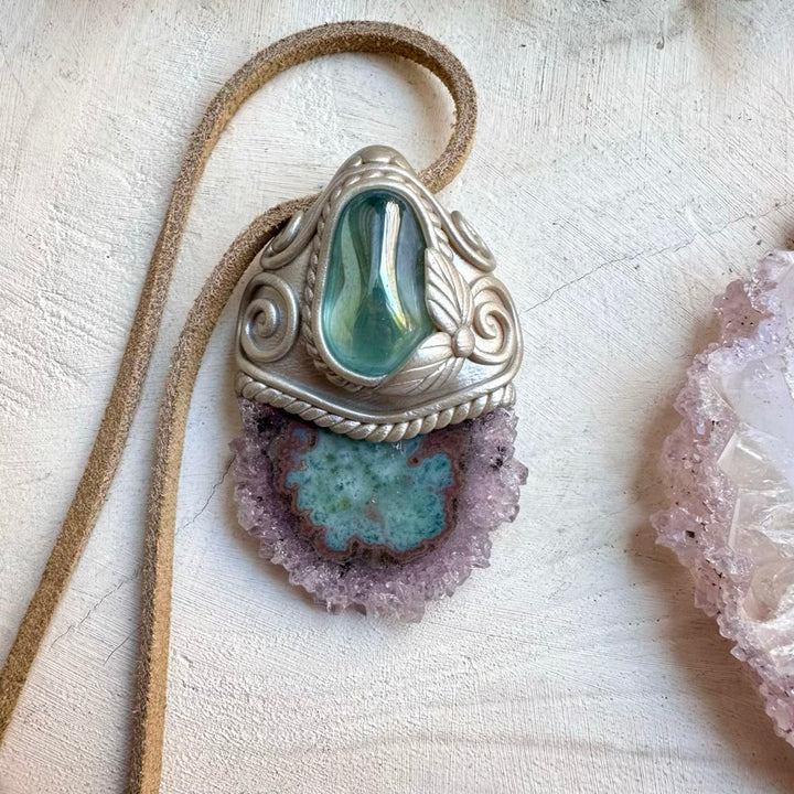 Amethyst stalactite and aqua aura quartz necklace