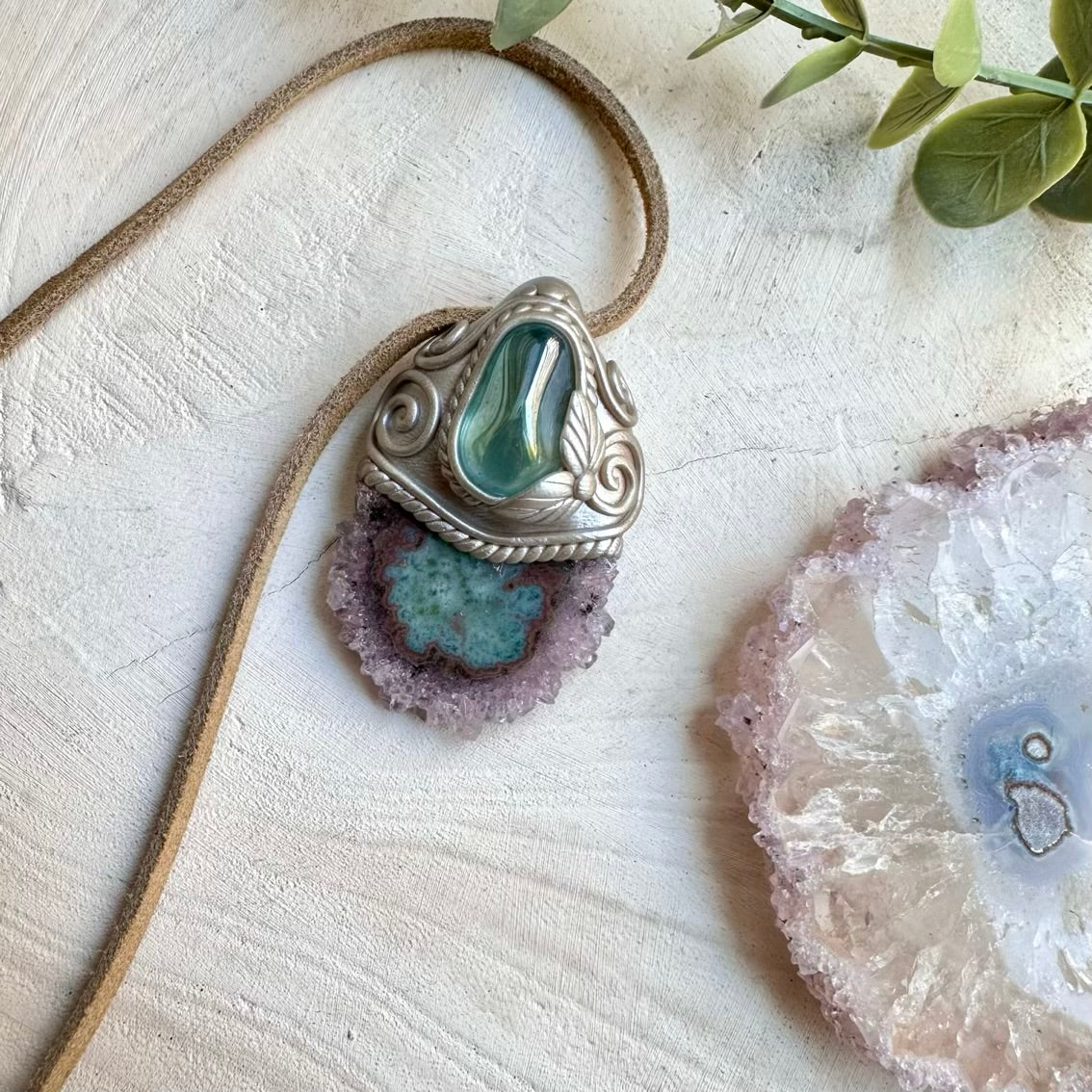 Energy pendant with amethyst stalactite crystal