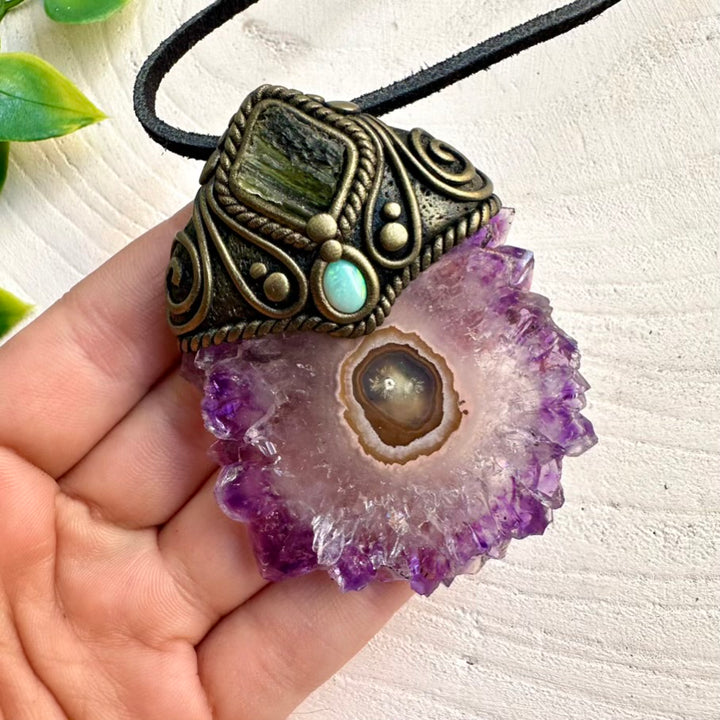 Raw Amethyst Stalactite pendant paired with Moldavite and Opal