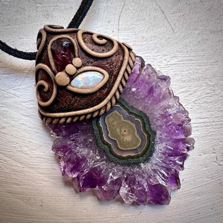 Amethyst Stalactite with Australian Opal and Rhodolite Garnet Necklace - FairyGardenGlow