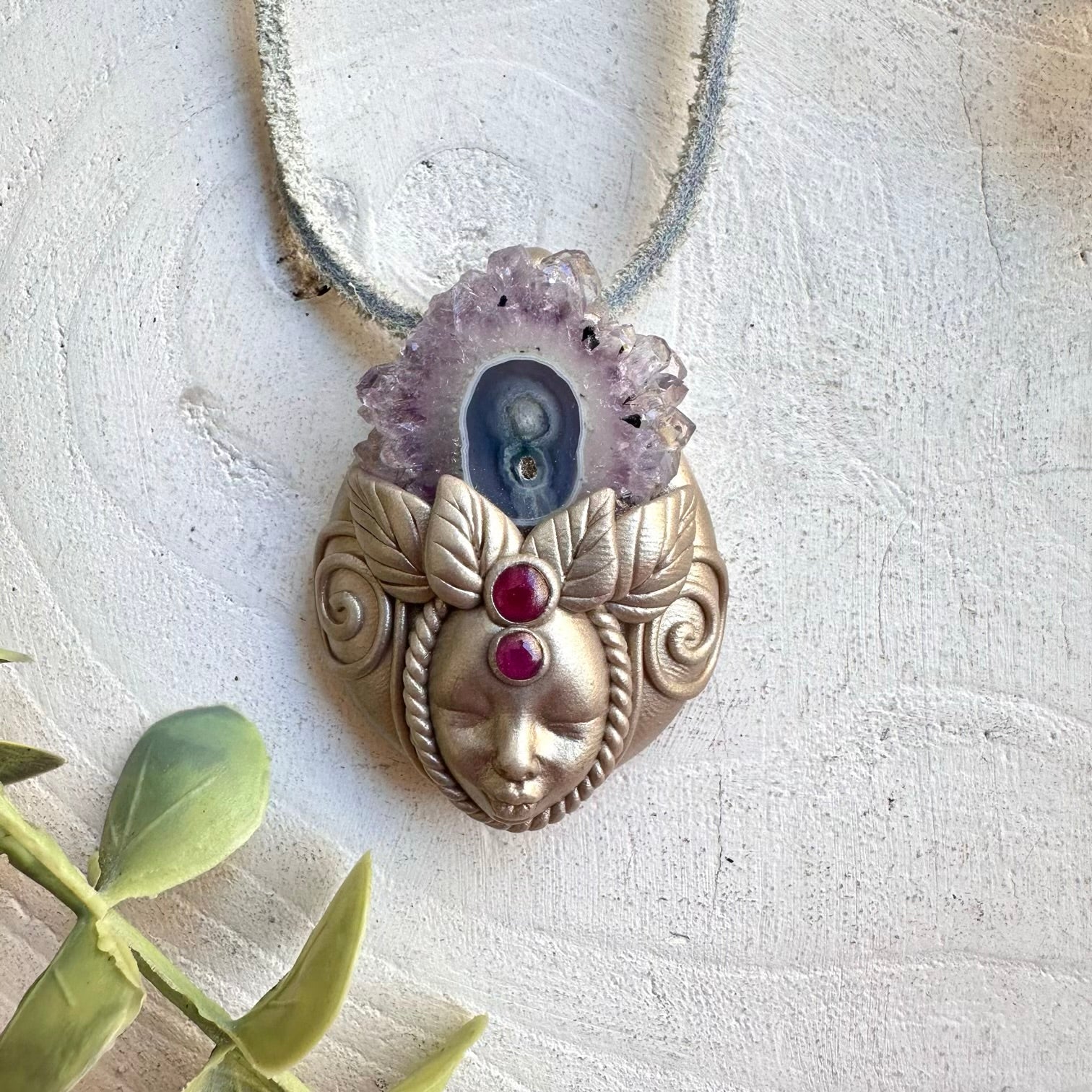 Crystal talisman necklace with amethyst stalactite and garnet healing stones