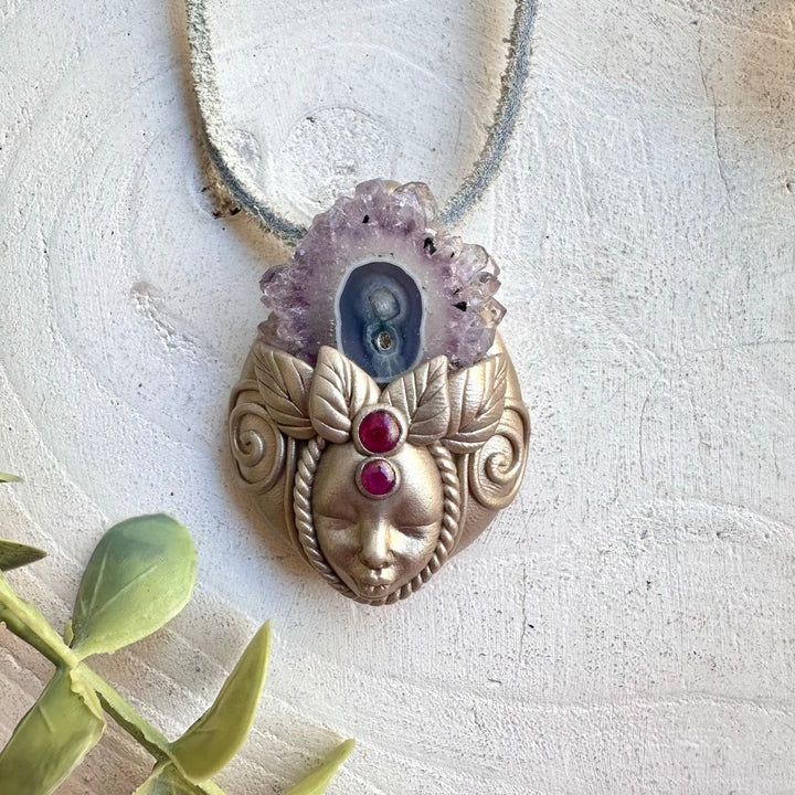 Crystal talisman necklace with amethyst stalactite and garnet healing stones