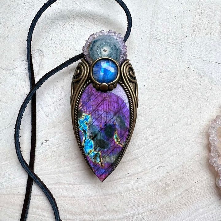Green witch pendant with purple labradorite and amethyst