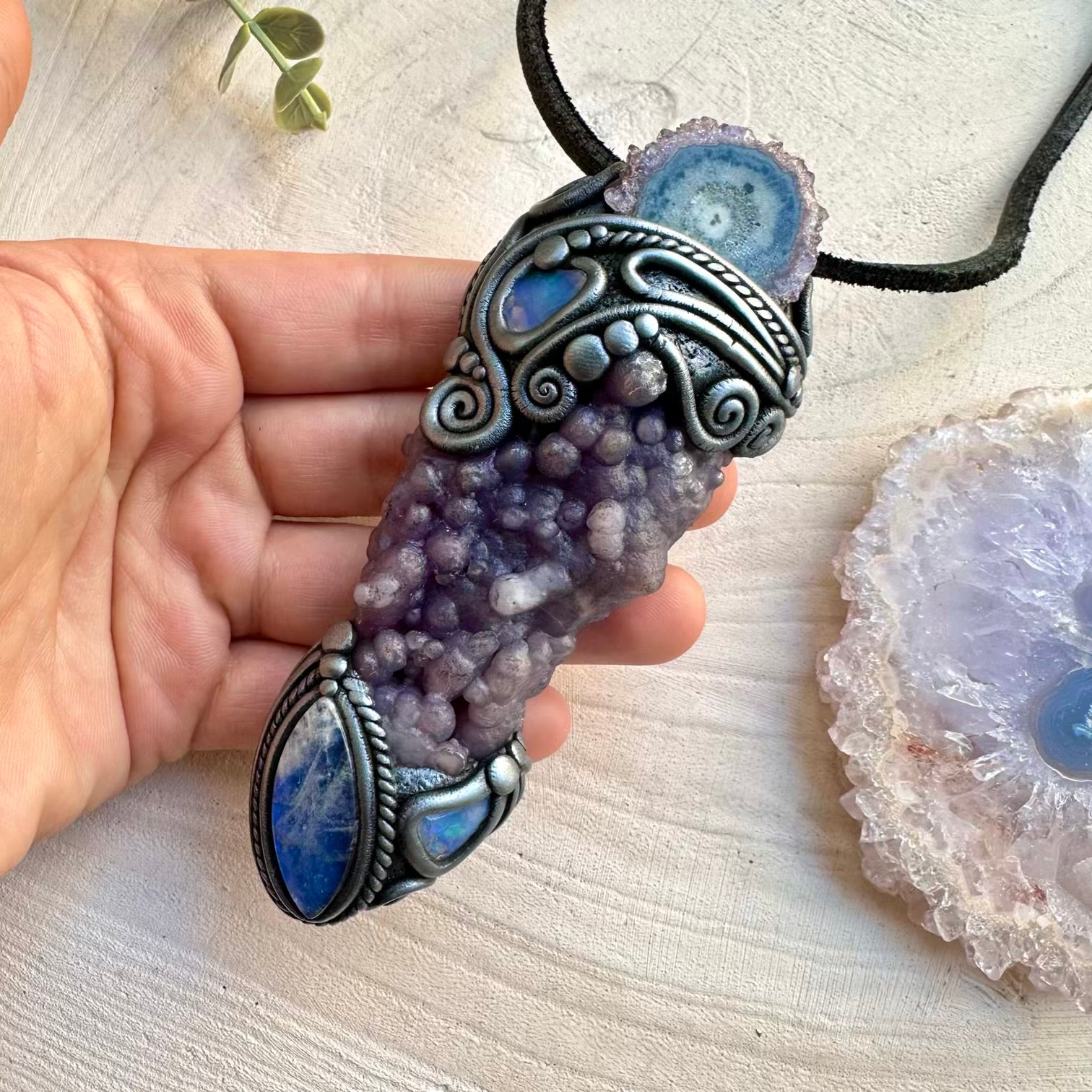 Handmade crystal wand with grape chalcedony and moonstone