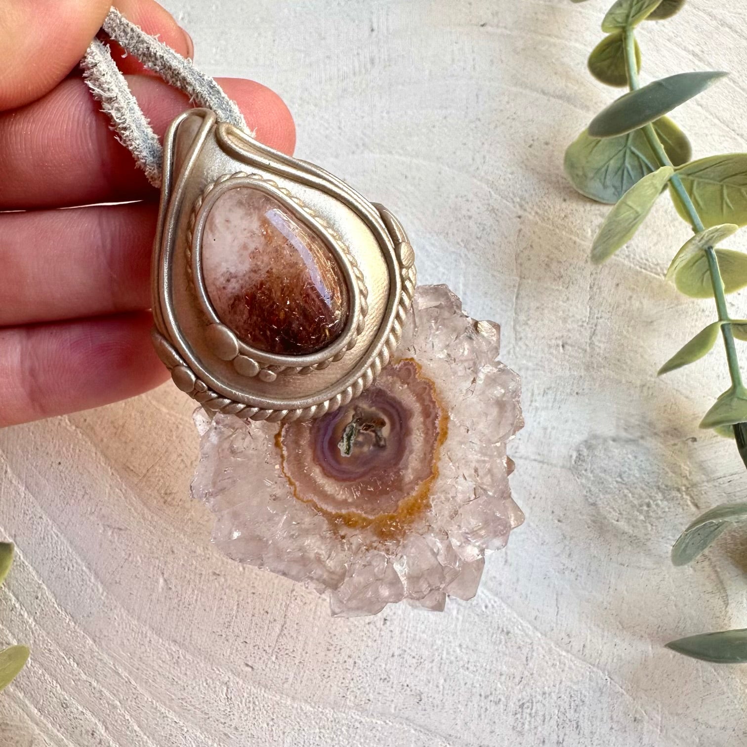 Crystal talisman necklace with amethyst stalactite and hematite quartz healing stones