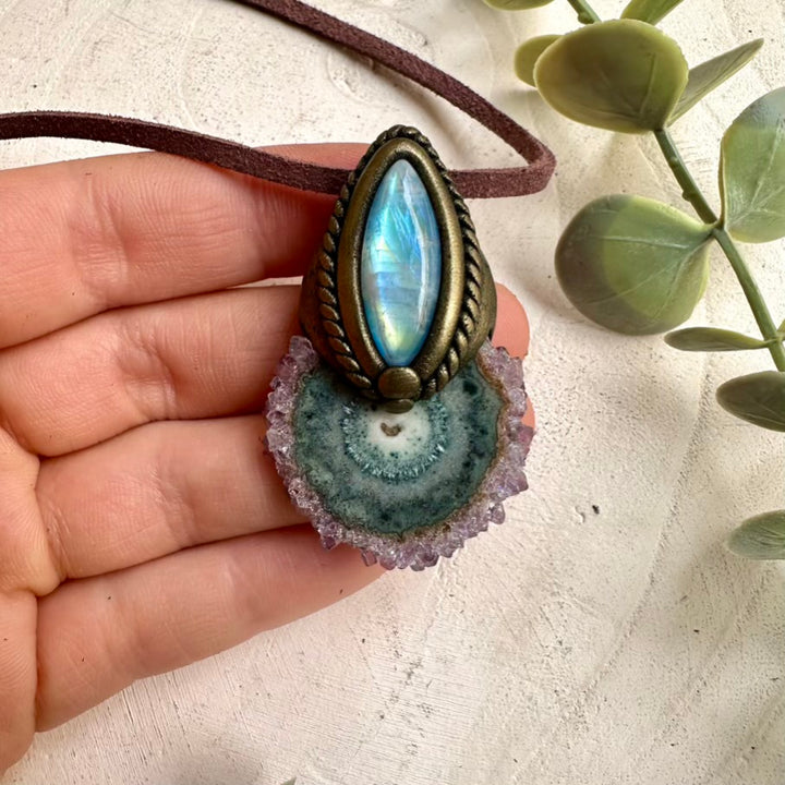 Unique handmade necklace with amethyst stalactite and moonstone crystals