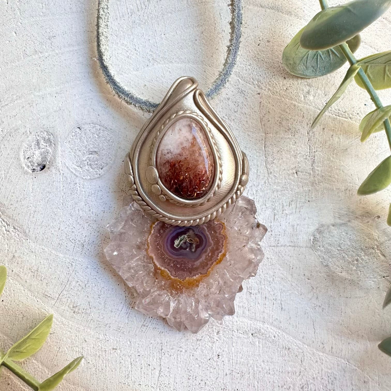 Amethyst Stalactite and Hematite Quartz pendant necklace handmade boho jewelry with natural gemstones