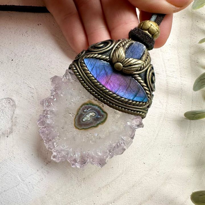 Spiritual gemstone necklace featuring amethyst stalactite and labradorite