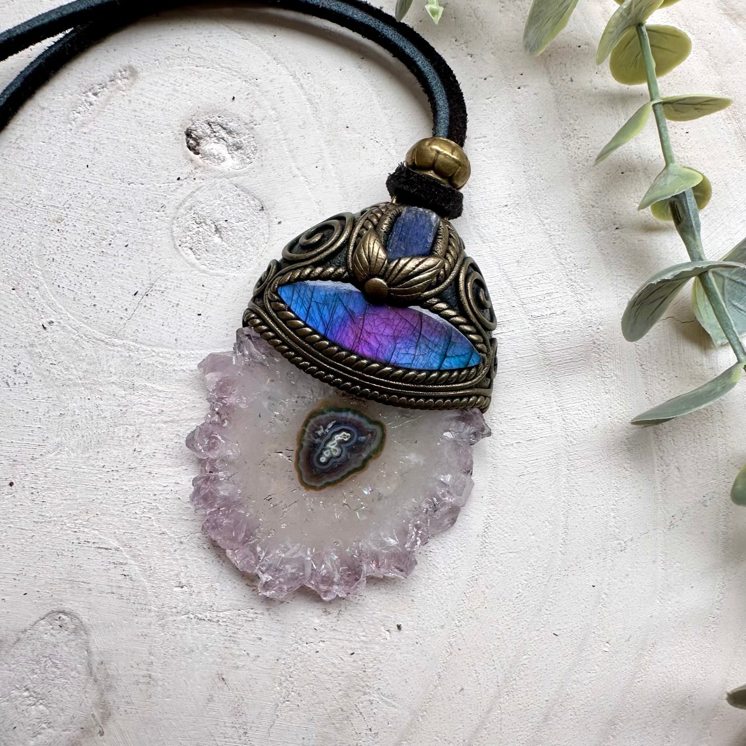 One of a kind crystal pendant necklace with amethyst stalactite and tanzanite