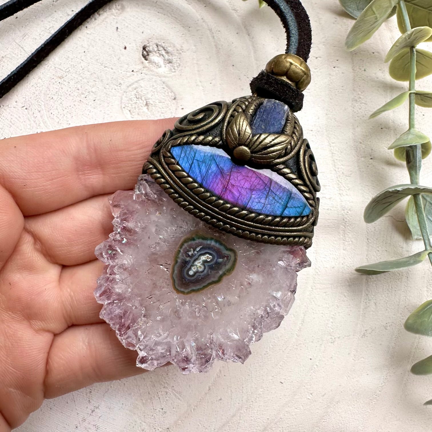 Amethyst stalactite labradorite and raw tanzanite pendant necklace