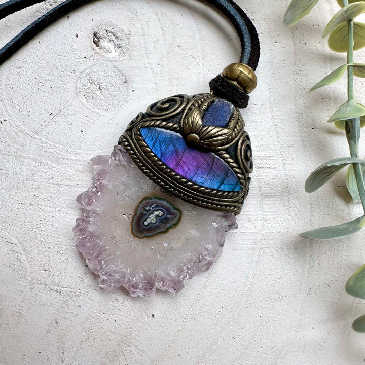 Large amethyst stalactite labradorite and tanzanite necklace for spiritual wear