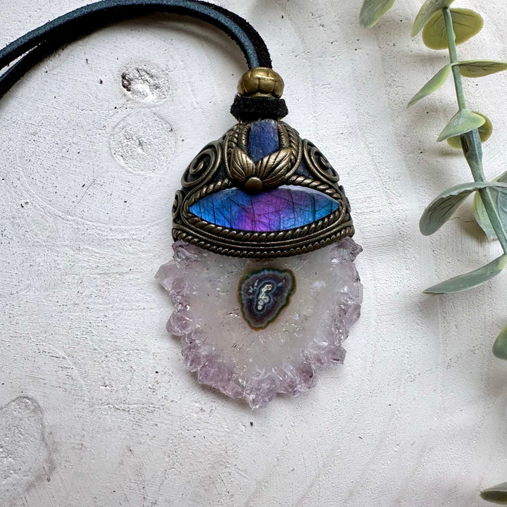 Handmade necklace featuring amethyst stalactite labradorite and raw tanzanite