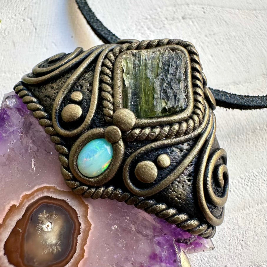 One-of-a-kind necklace with Amethyst Stalactite, Moldavite and Opal