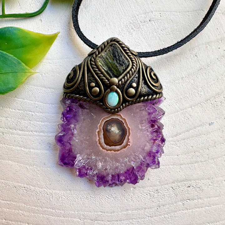 Amethyst Stalactite, Moldavite and Australian Opal pendant necklace – handmade crystal jewelry