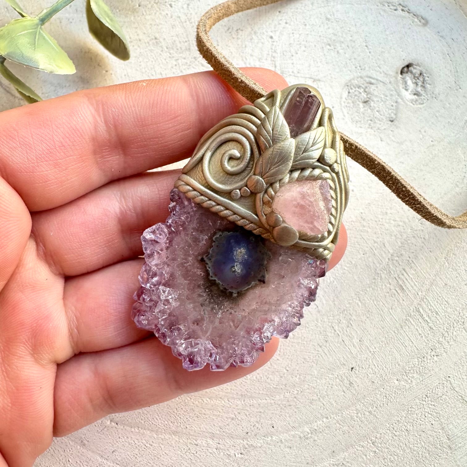 Handmade necklace with amethyst stalactite and tourmaline gemstone