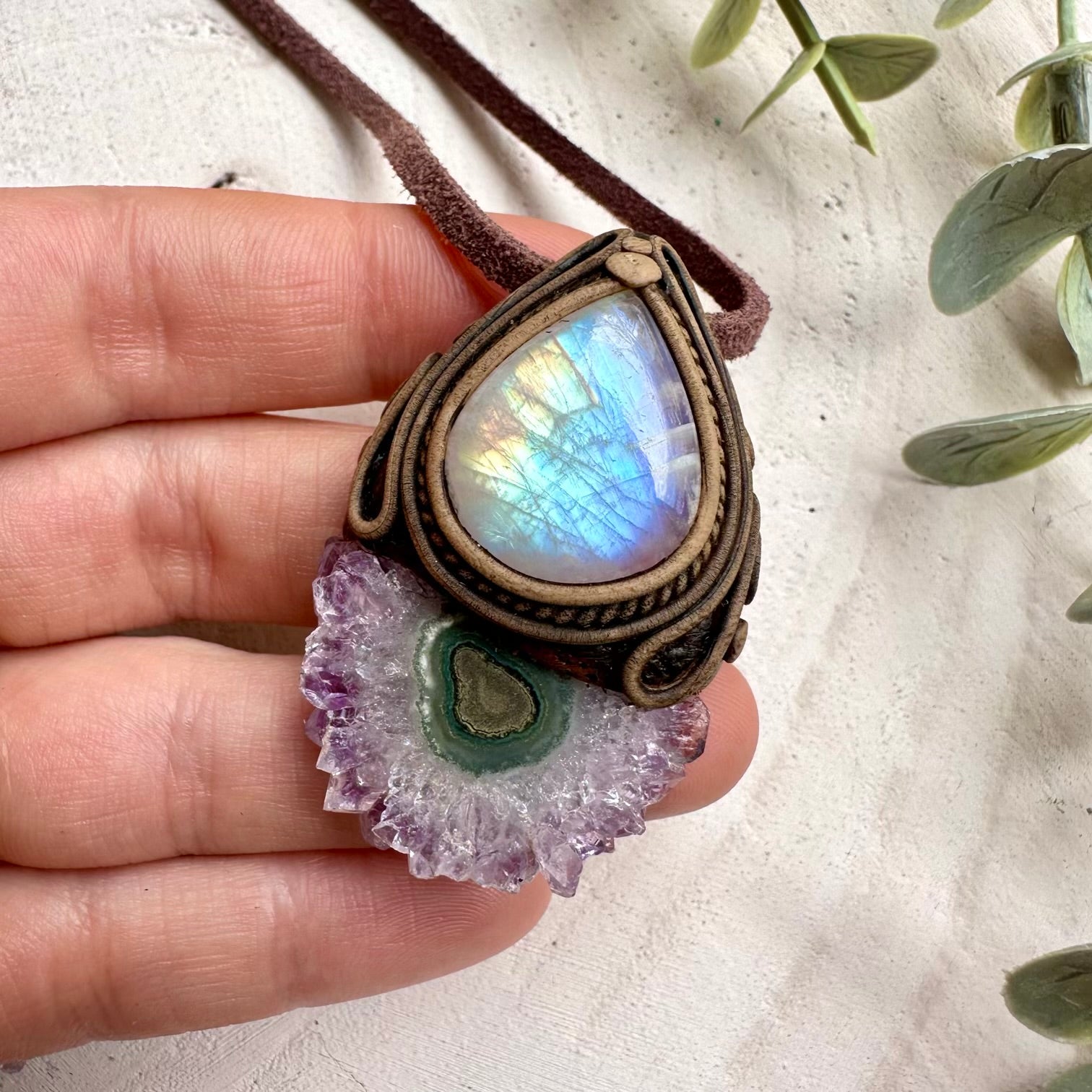 Amethyst stalactite and rainbow moonstone necklace