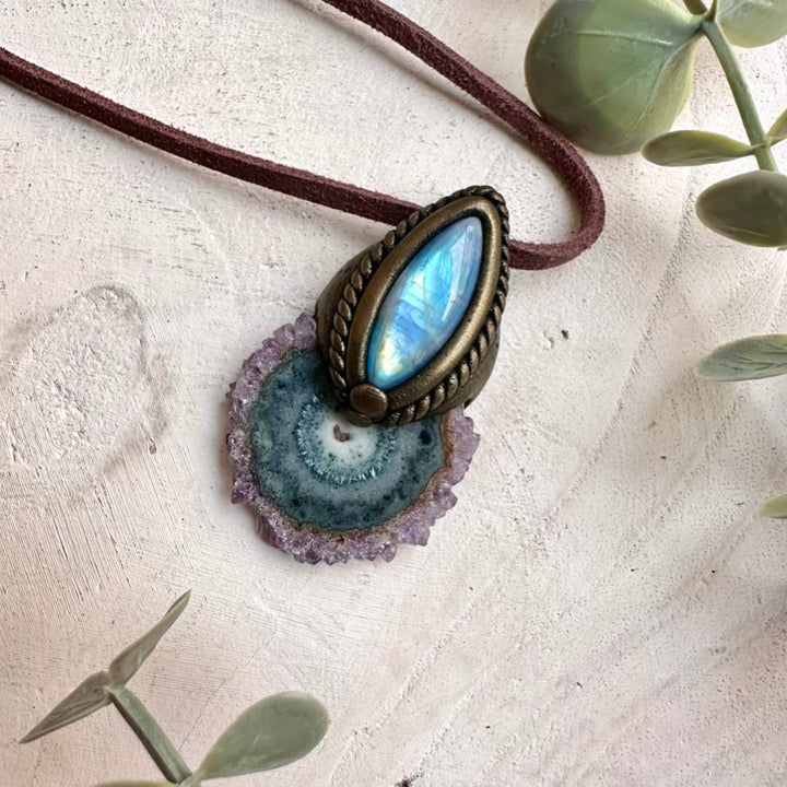 Natural amethyst stalactite paired with rainbow moonstone in a handmade necklace