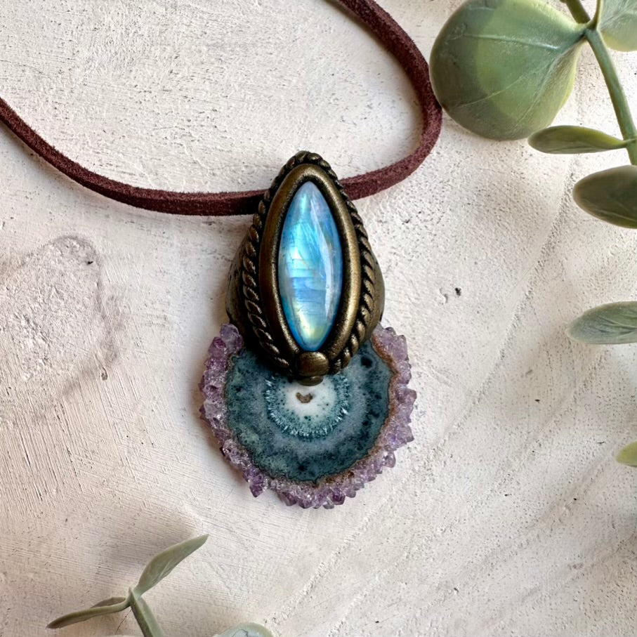 Amethyst stalactite and rainbow moonstone necklace, handmade healing stone jewelry