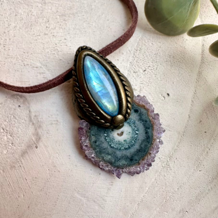 Amethyst stalactite and rainbow moonstone necklace, one of a kind jewelry