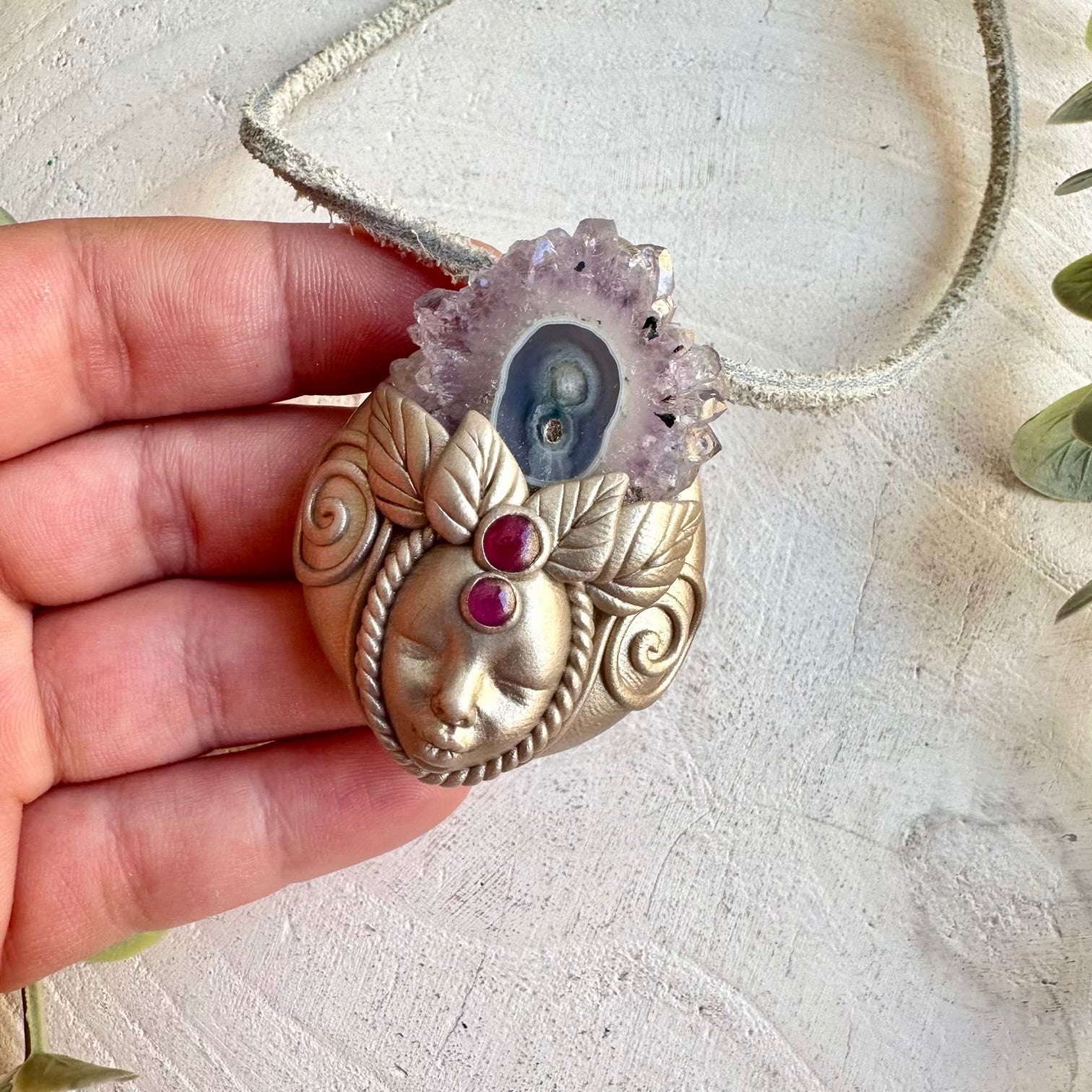Amethyst Stalactite and Rhodolite Garnet goddess necklace handmade boho crystal jewelry