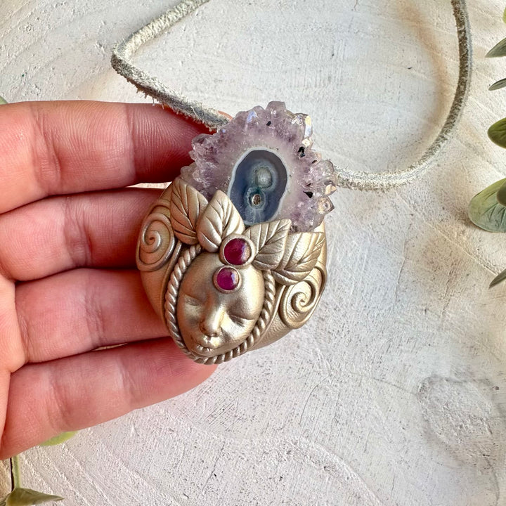 Amethyst Stalactite and Rhodolite Garnet goddess necklace handmade boho crystal jewelry