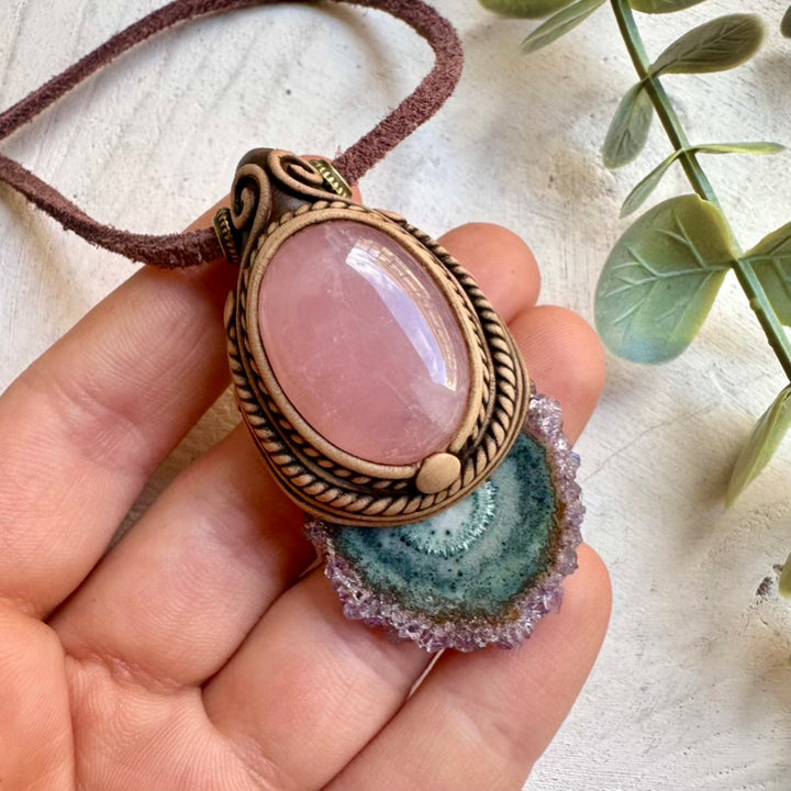 Natural crystal jewelry necklace with amethyst stalactite and rose quartz