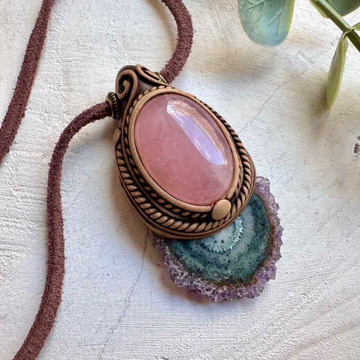 Amethyst stalactite and rose quartz necklace for heart centered spiritual wear