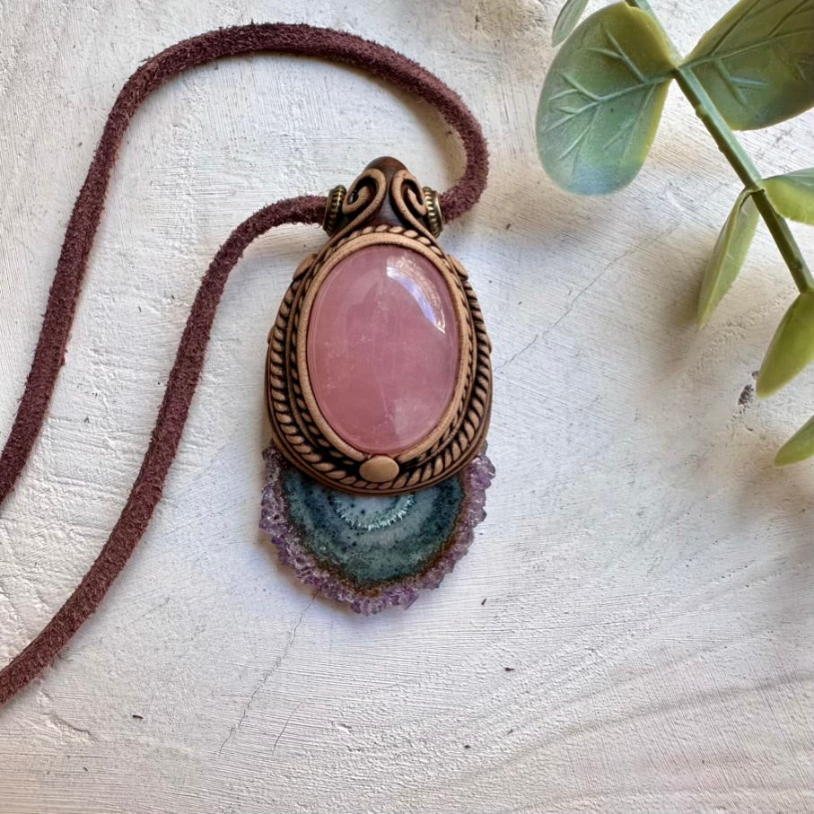 Amethyst stalactite and rose quartz necklace, handmade healing crystal jewelry