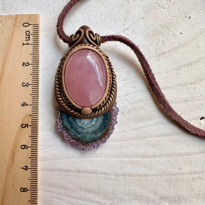 Spiritual crystal necklace featuring amethyst stalactite and rose quartz
