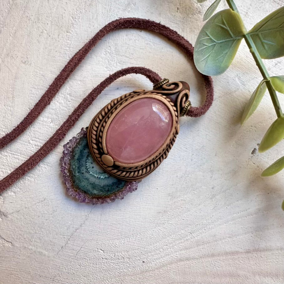 Handmade necklace featuring amethyst stalactite and rose quartz