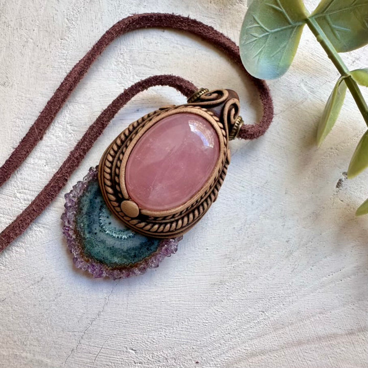 One of a kind amethyst stalactite and rose quartz necklace