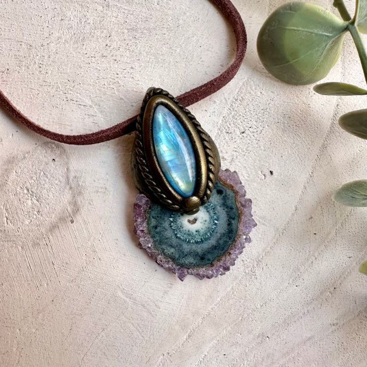 Spiritual healing stone necklace with amethyst stalactite and moonstone