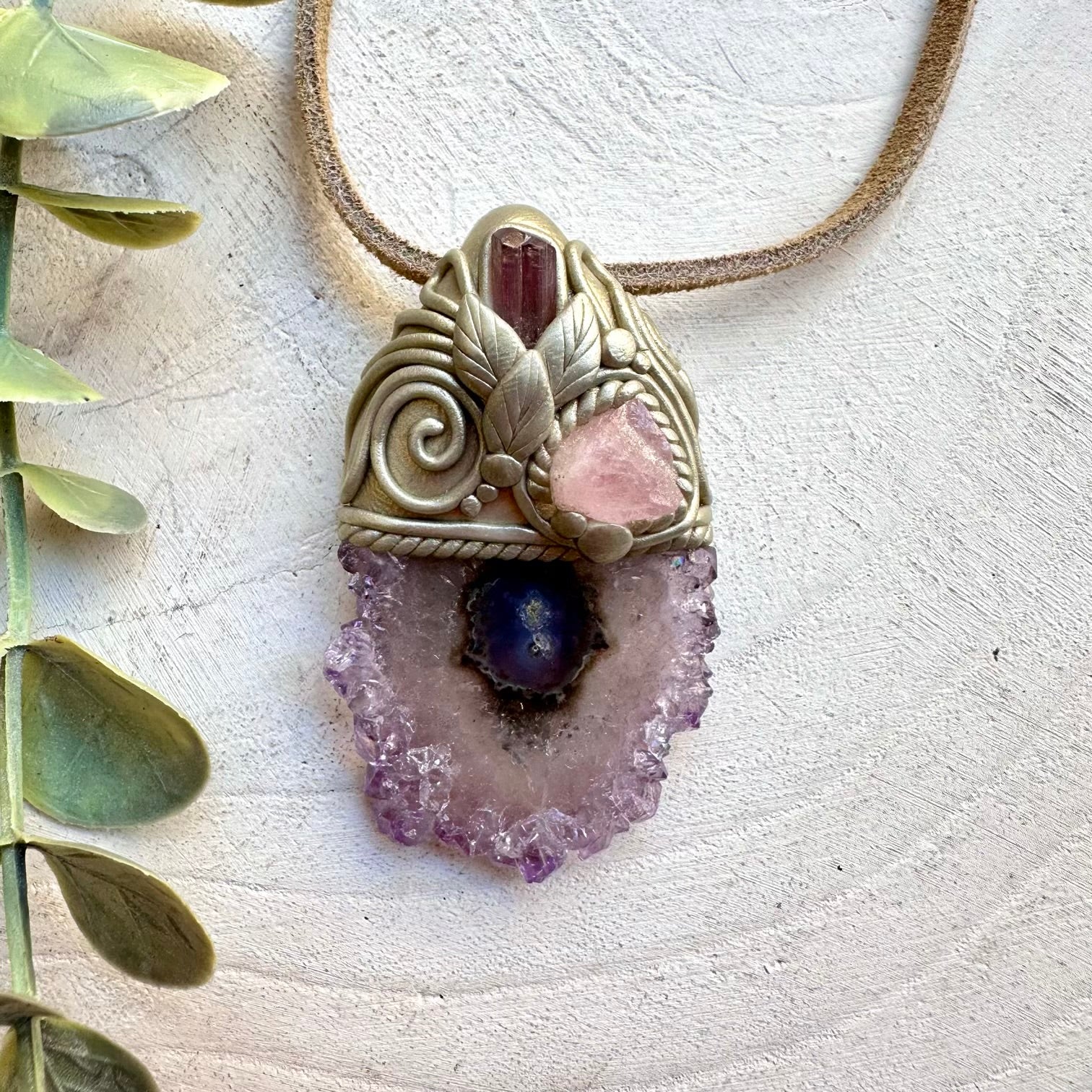 Amethyst stalactite with bi color tourmaline and raw morganite pendant necklace