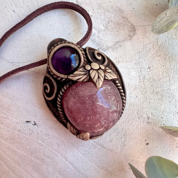 Amethyst necklace with Strawberry Quartz gemstone pendant