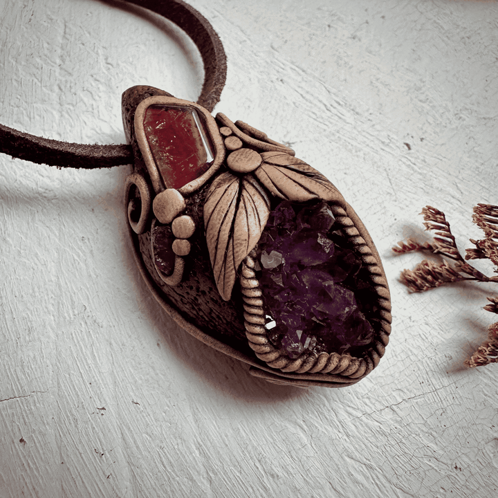 Amethyst Cluster Bi Color Tourmaline and Raw Mozambique Ruby Pendant Necklace - FairyGardenGlow
